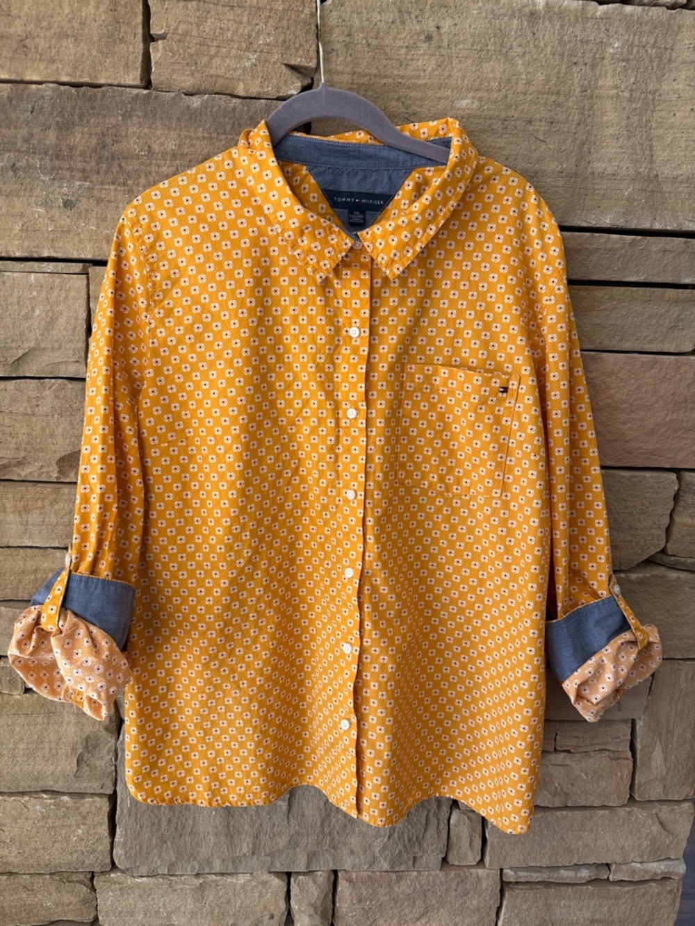 Tiny Floral Cotton Yellow Button-Down, Contrast Roll Tab Sleeves, Normcore Comfy